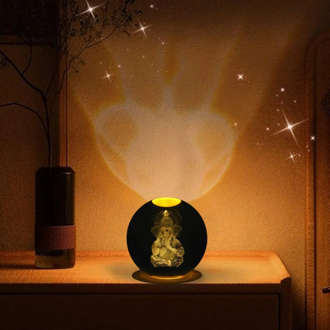 Ganpati: 3D LED Ganpati Ji Crystal Ball Night Lamp with USB-Powered Colorful Glow & Wooden Base for Home, Mandir & Office Décor