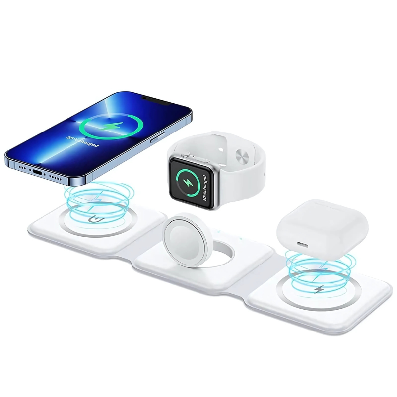 MagTrio: 3-in-1 Foldable MagSafe & Qi2 Compatible Wireless Charger with 15W Fast Charging for iPhone, AirPods & Apple Watch