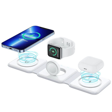 MagTrio: 3-in-1 Foldable MagSafe & Qi2 Compatible Wireless Charger with 15W Fast Charging for iPhone, AirPods & Apple Watch
