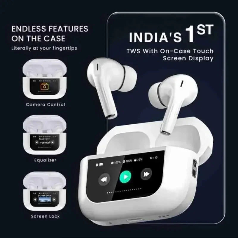 ScreenPods: TWS Bluetooth Earbuds with Touch Screen Case, 32dB ANC + ENC, Low Latency Gaming & Type-C Fast Charging