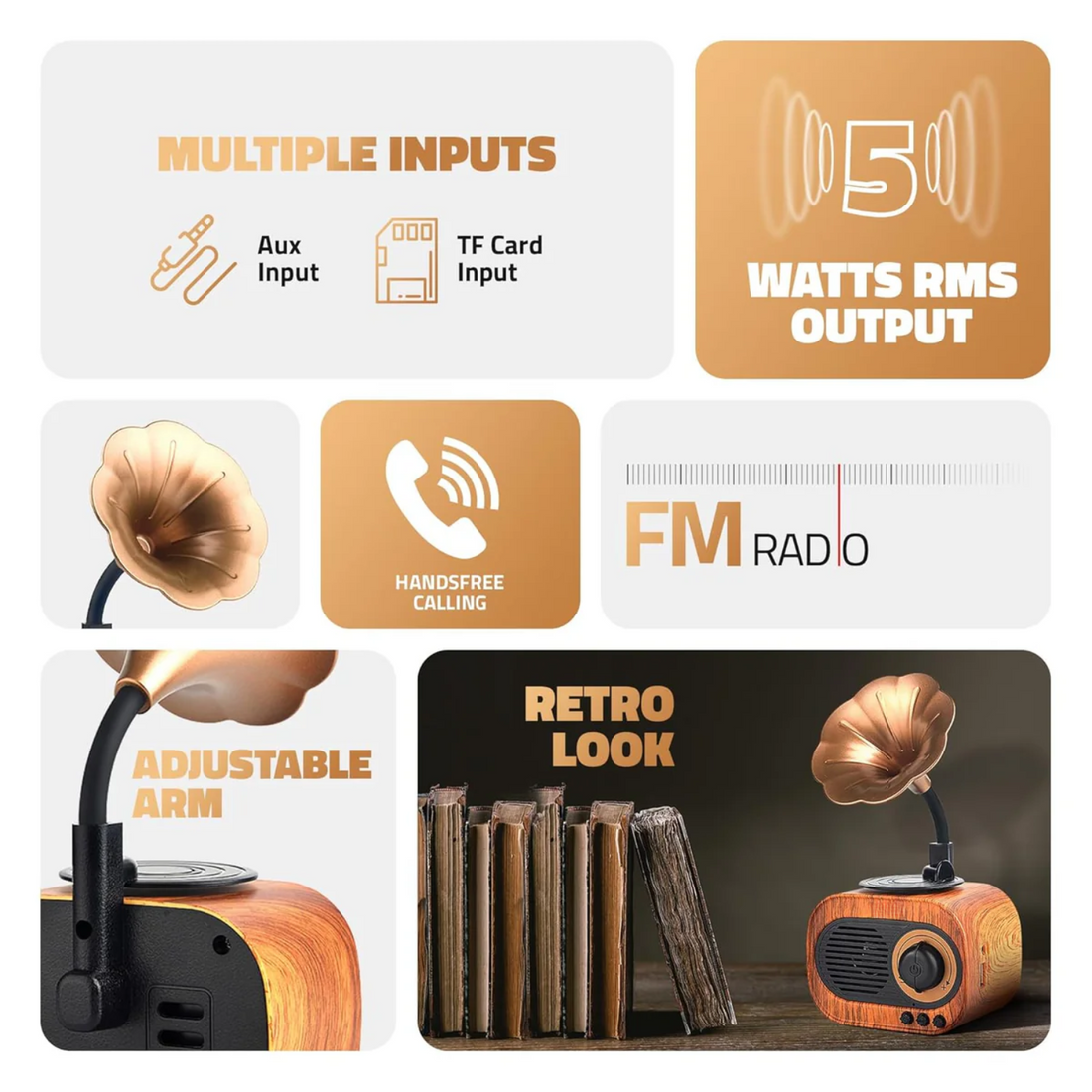 JukeMini: Retro Vinyl Bluetooth Speaker with Loud Sound, Physical Knob Control, FM Radio, USB & Aux, 5W Output, Vintage Design & Hands-Free Calling