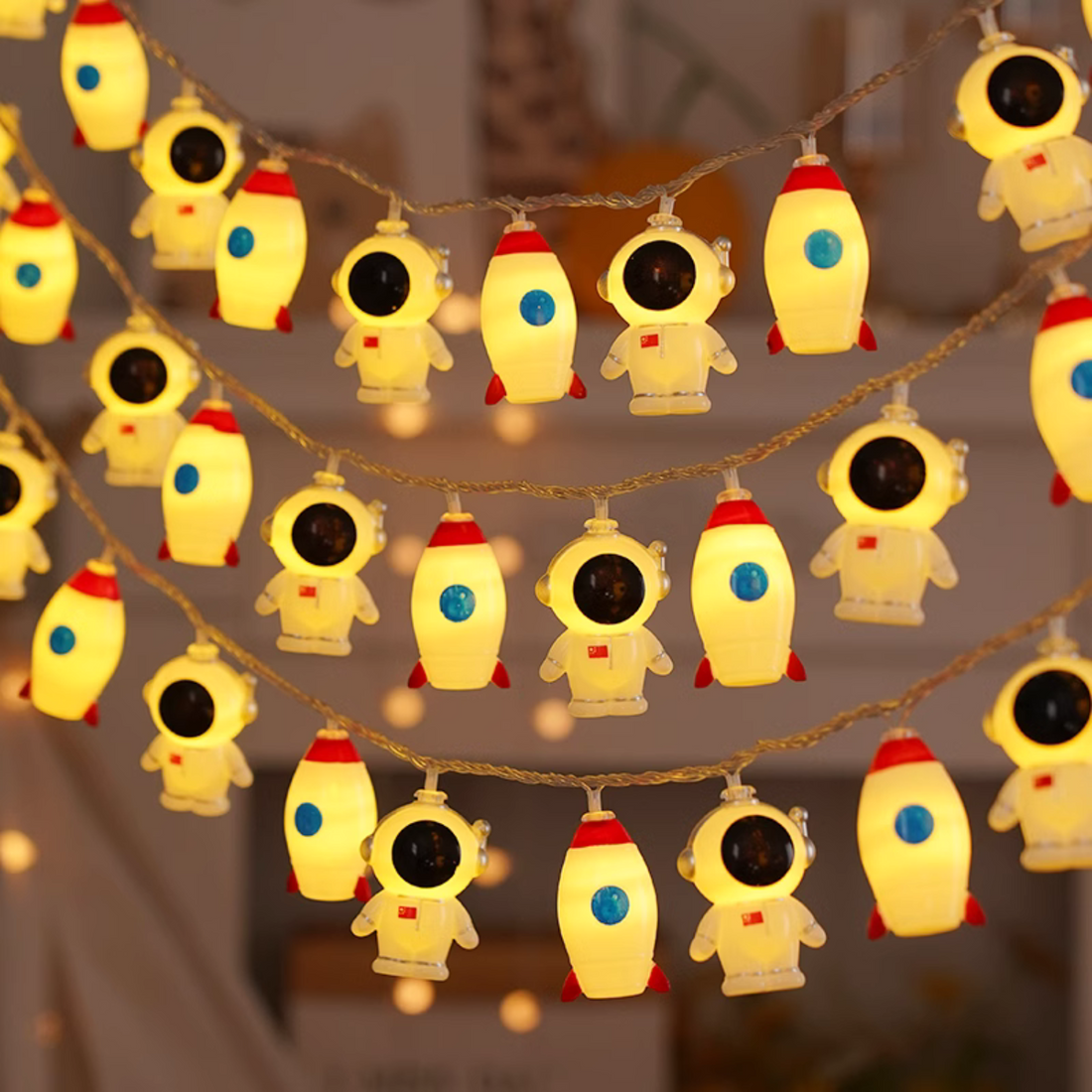 SpaceMan: USB-Powered Astronaut & Rocket String Fairy Lights with 20 LEDs for Kids’ Room, Party & Festive Décor