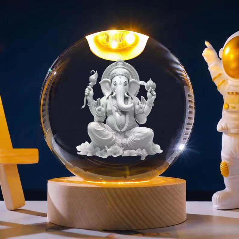 Ganpati: 3D LED Ganpati Ji Crystal Ball Night Lamp with USB-Powered Colorful Glow & Wooden Base for Home, Mandir & Office Décor