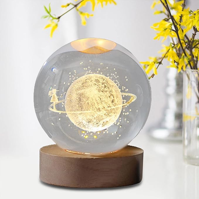 Pluto: 3D LED Crystal Ball Night Lamp with Holographic Engraving & USB-Powered Wooden Base for Home & Office Décor