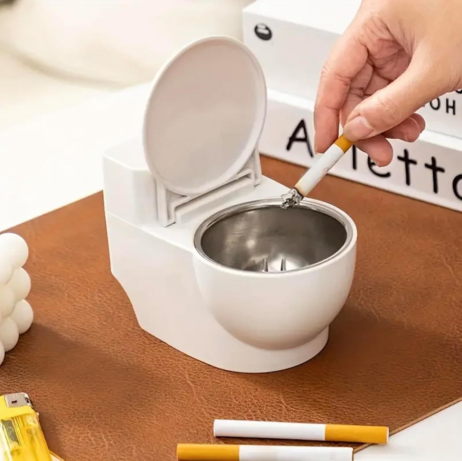 Relief: WC-Shaped Multi-Function Ashtray with Storage & Built-In Holder for Home, Office & Outdoor Use
