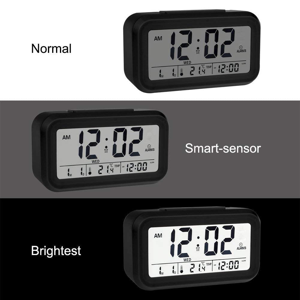Snoozy: LCD Digital Alarm Clock with Multifunction Display, Large Screen Desk & Travel Clock with Snooze, Date, Temperature & Night Light