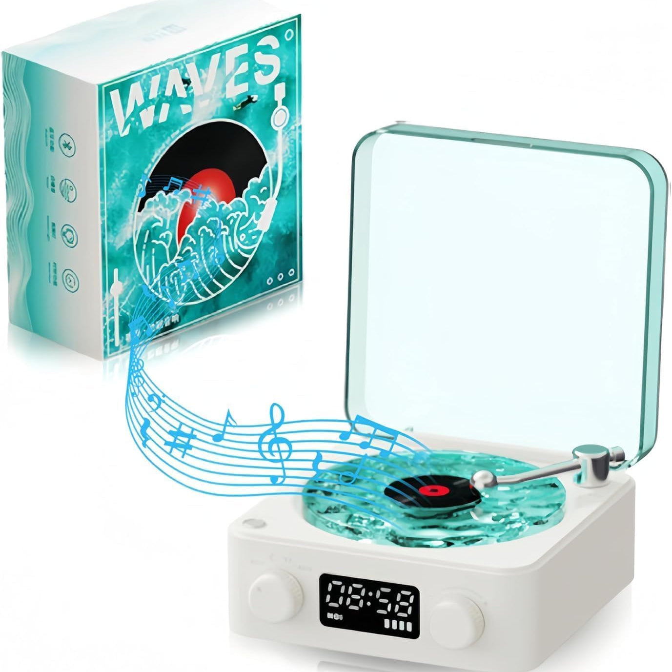 Groovix: Retro-Style Vinyl Bluetooth Speaker with Ambient Light & Digital Clock, Waves-Inspired Wireless Audio for Bedroom, Office & Party Décor