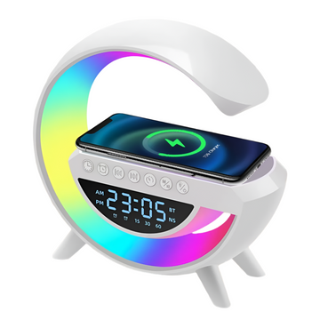 Gooble: Full Size G-Shaped RGB Atmosphere Lamp with 15W Wireless Charger, Bluetooth Speaker, Clock & Interactive Desk Light for Bedside & Room Décor
