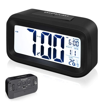 Snoozy: LCD Digital Alarm Clock with Multifunction Display, Large Screen Desk & Travel Clock with Snooze, Date, Temperature & Night Light