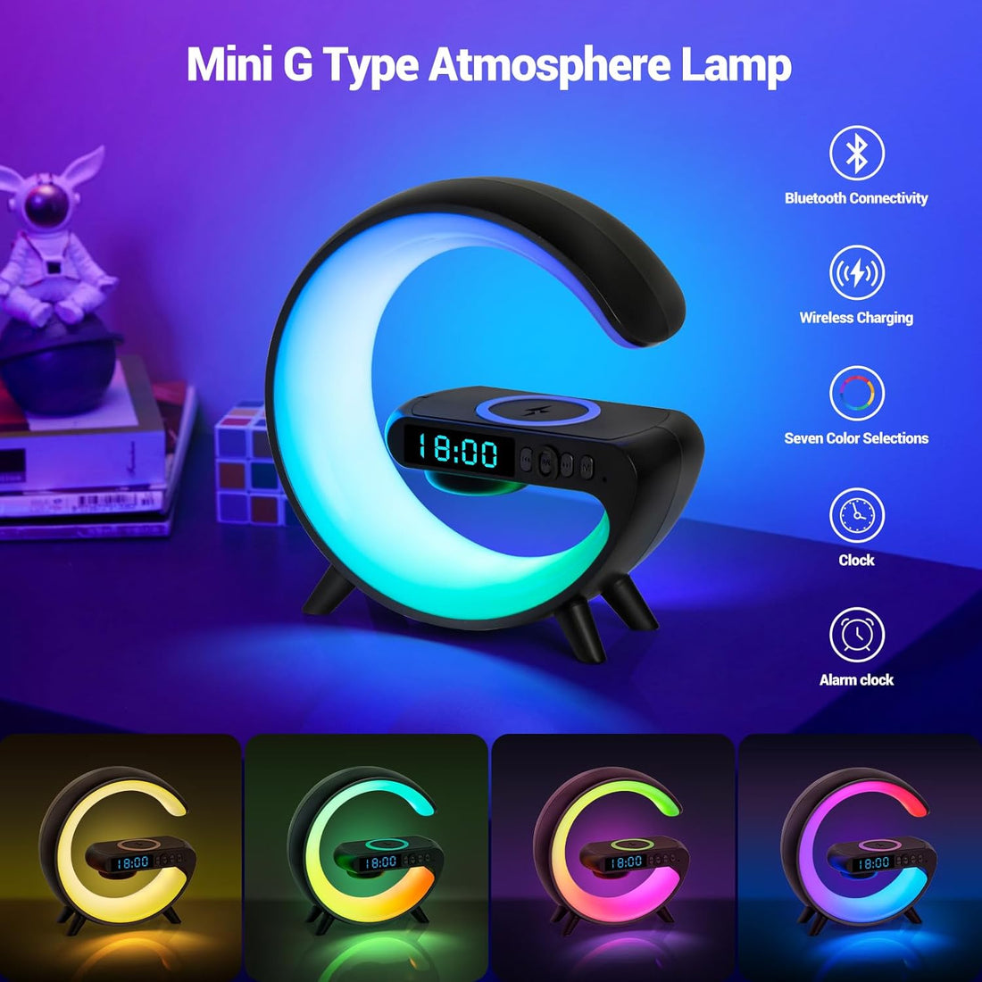 GoobleMini: G-Shaped RGB Atmosphere Lamp with 15W Wireless Charger, Bluetooth Speaker, Alarm Clock & Desk Light for Bedside & Room Décor