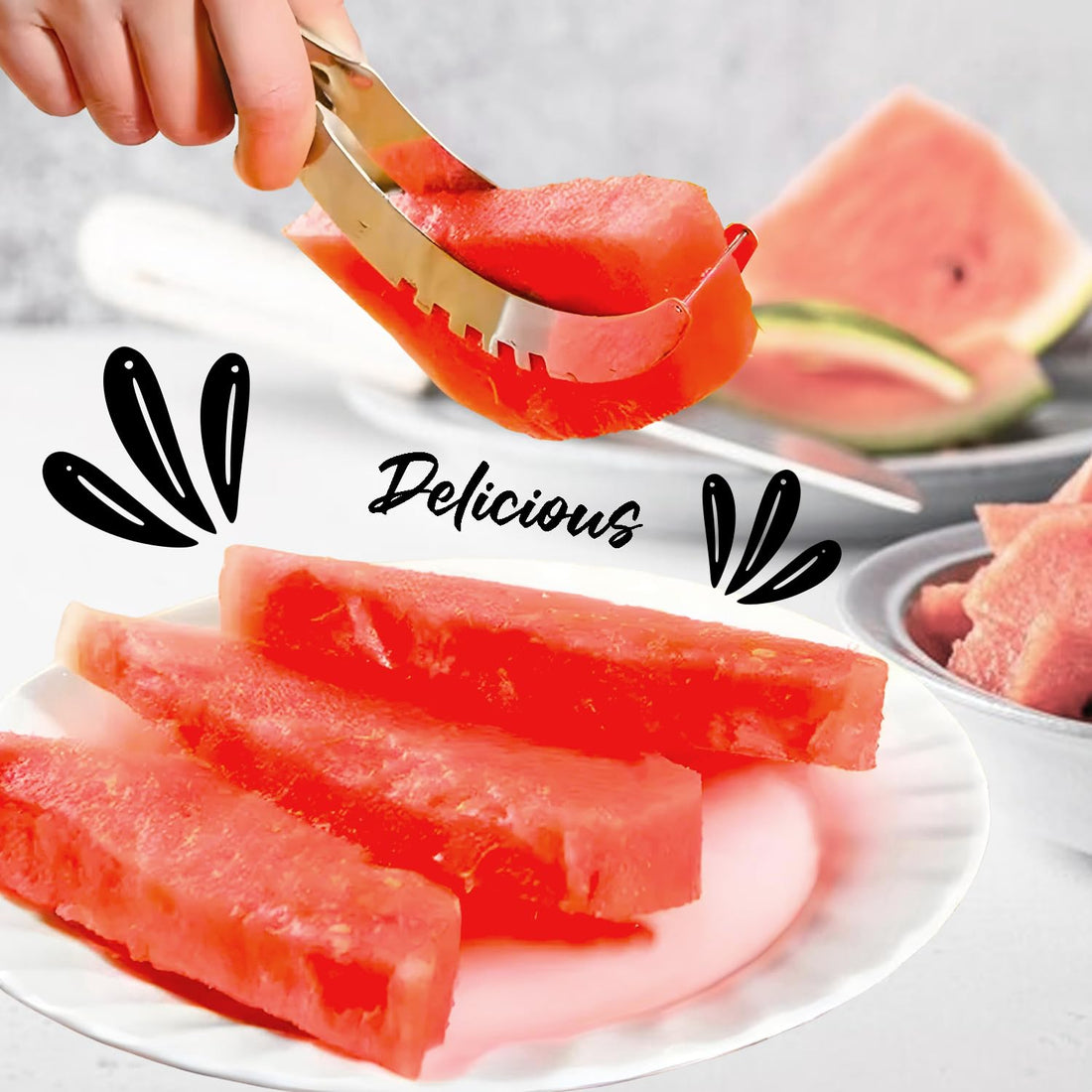 Slicey: 3-in-1 Stainless Steel Watermelon Cutter, Easy Grip Slicer Tool for Perfectly Cutting Melons, Cantaloupes & Pineapples with Precision & Speed