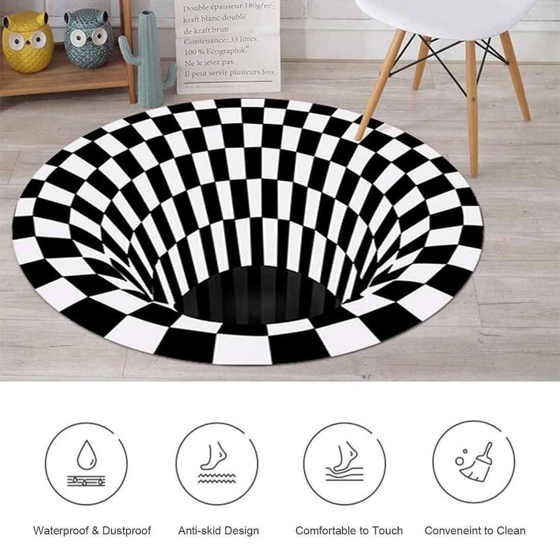 CheckMat: Realistic 3D Illusion Checkered Rug – Anti-Skid Round Carpet for Bedroom, Living Room & Office (60cm Diameter)