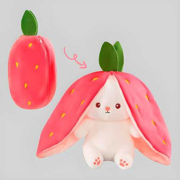 PeekaBoo: Reversible Strawberry Bunny Plush Toy Pillow with Zipper – Soft & Cuddly Gift for Kids & Plush Lovers