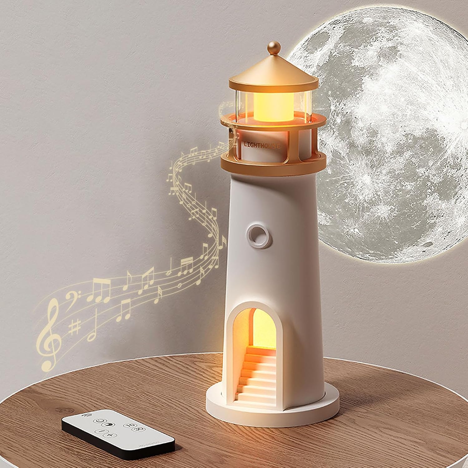 Beacon: Lighthouse Moonlight Projection Lamp with Bluetooth Speaker & Remote, Dimmable LED Night Light, Cute Moon Glow Table Lamp for Bedroom, Kids Room & Unique Gifting