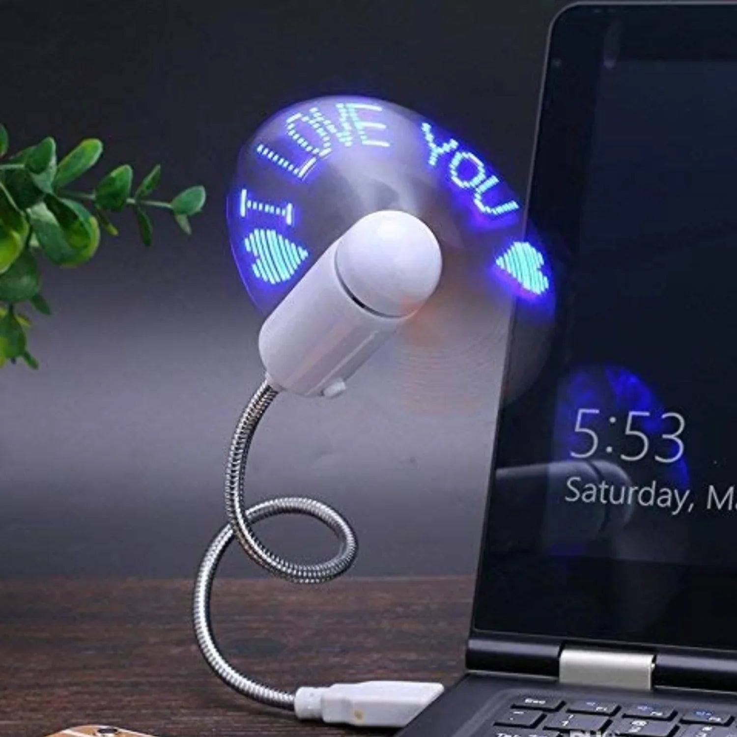 MsgFan: USB Powered LED Fan with Custom Message Programmable Display & Flexible Gooseneck, Ideal for Romantic, Cute Messages & Gifting with Clock
