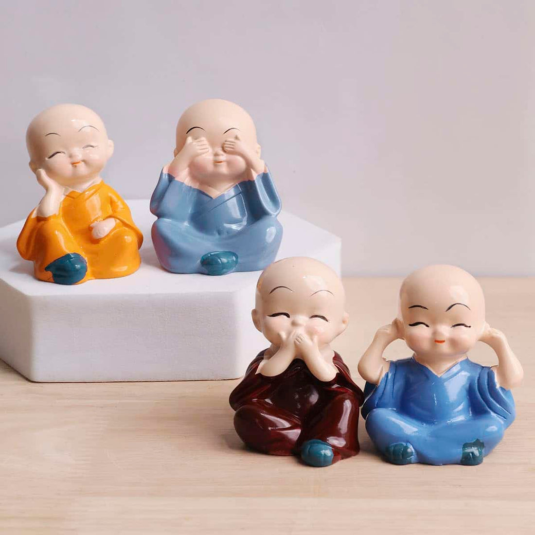 Bliss: Set of 4 Buddha Monk Statues with Elegant Design, Ideal for Home, Office & Spiritual Decor