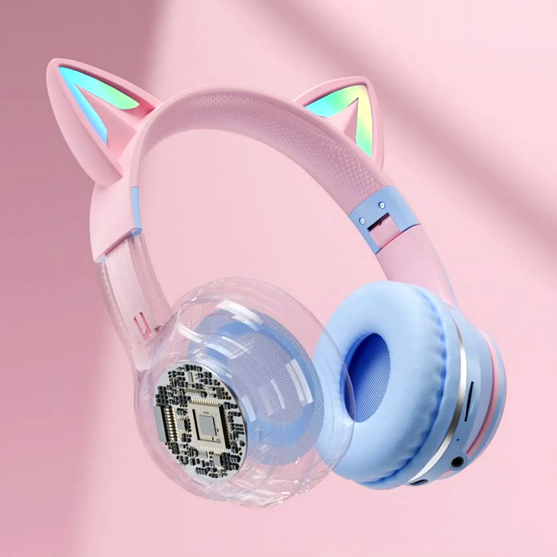 KittyHead: Wireless Cat Ear Headset with RGB LED Lights, Foldable Design headphone for PC, Tablet & Mobile