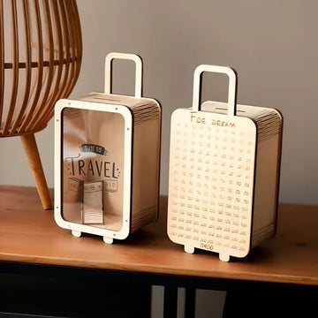 DreamVault: Wooden Travel Fund Savings Box with Count, Decorative Suitcase Piggy Bank for Vacation Goals, Coins & Notes, Perfect Gift for Kids & Adults