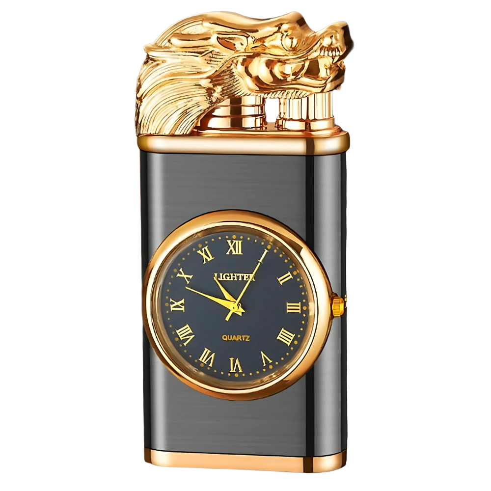 Draco: Windproof Dual Flame Refillable Lighter with Built-in Watch, Dragon Embossed Design & Bold Metal Finish for Collectors & Gifting