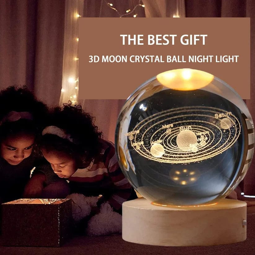 Orbito: 3D Crystal Ball Night Lamp with Engraved Solar System, USB-Powered LED Light with Wooden Base for Home Décor (60mm)