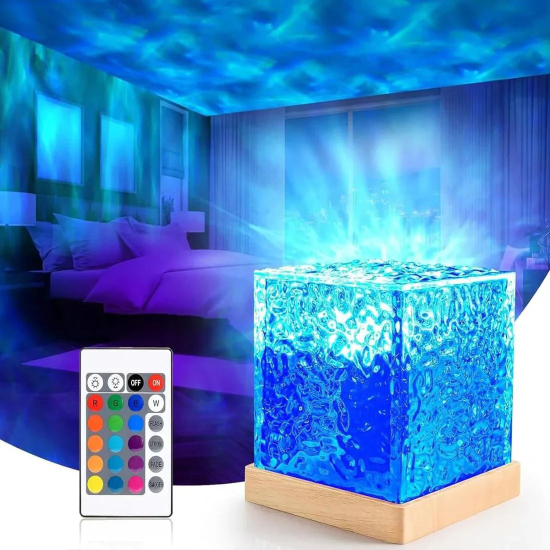 PrismCube: Soothing Ambient Ocean Wave Lamp with 3D Water Effect, 16-Color LED Projection & Remote Control for Relaxing Room Décor
